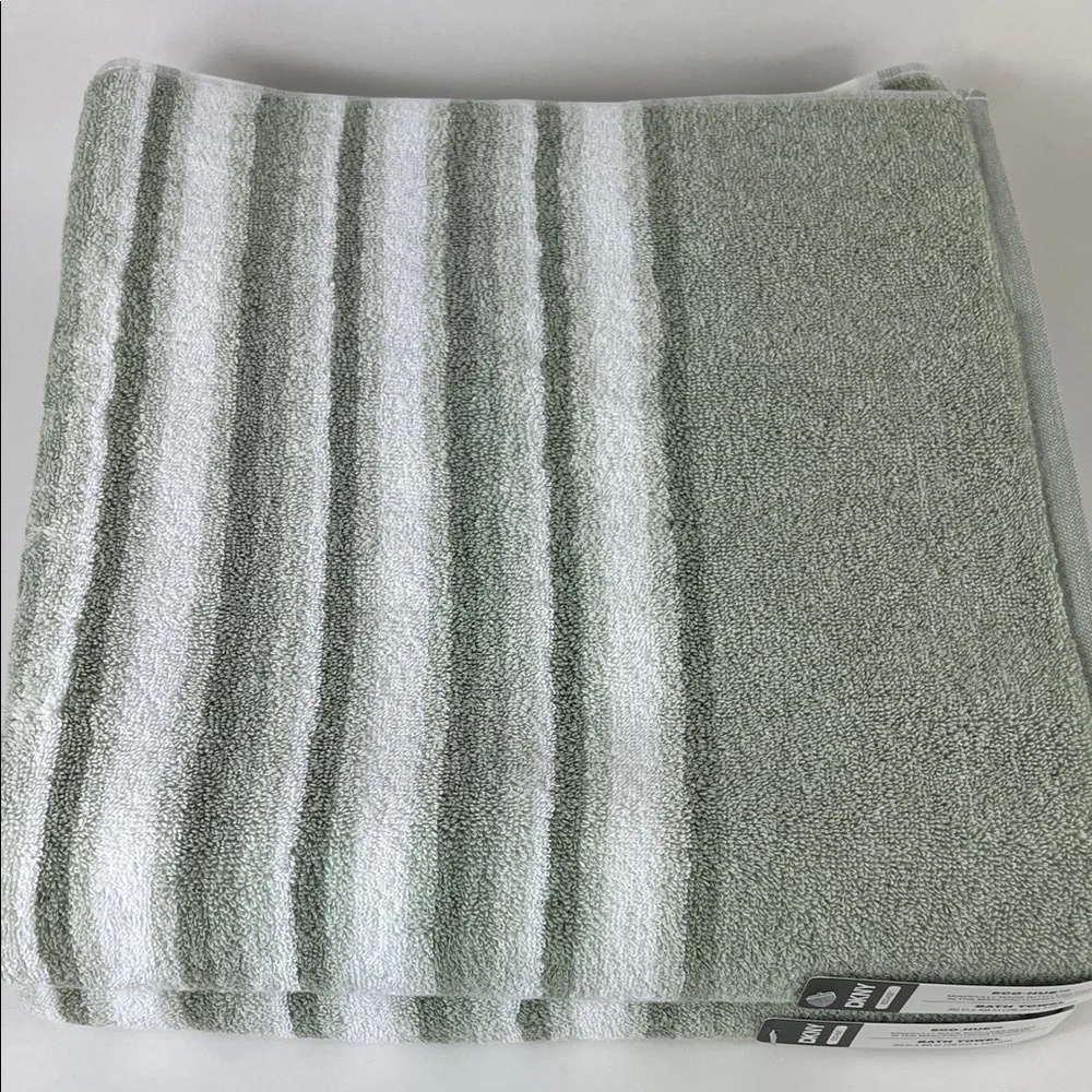 2pc DKNY Bath Towels Eco Hue Sage and White Striped Plush Cotton NEW
